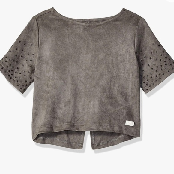 7 For All Mankind Faux Suede Embroidered Tee Slightly Cropped Top - Picture 1 of 13